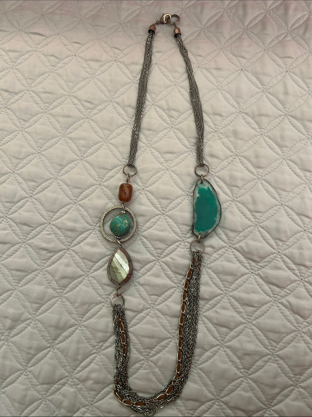 Silver, Turquoise & Amber Colored Pendant Multi-Chain Necklace
